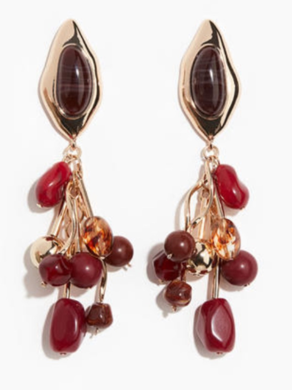 H&M Gold-Tone Earrings with Red and Brown Bead Clusters